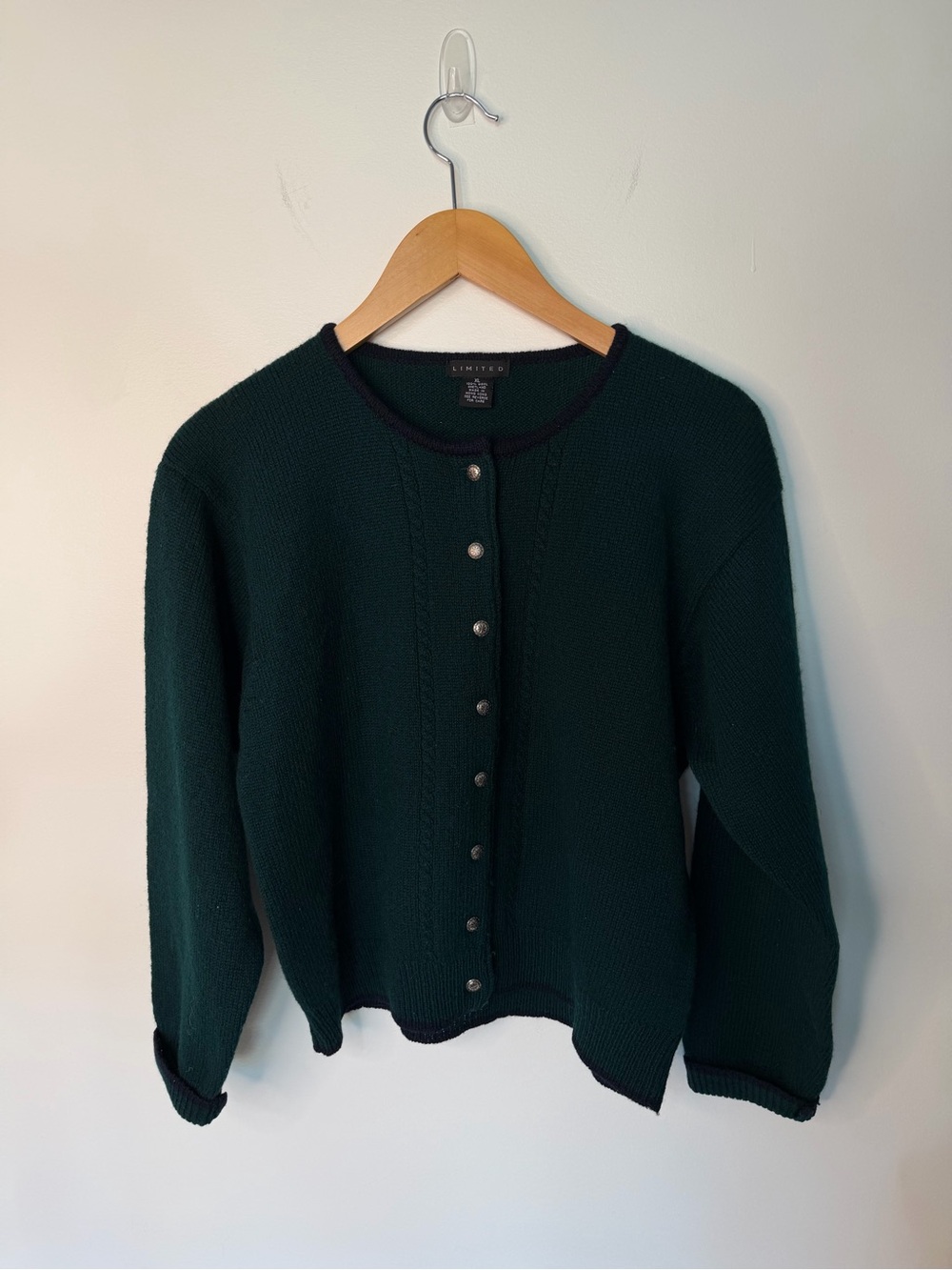 The Limited Dark Green Button-Front Cardigan with Black Trim